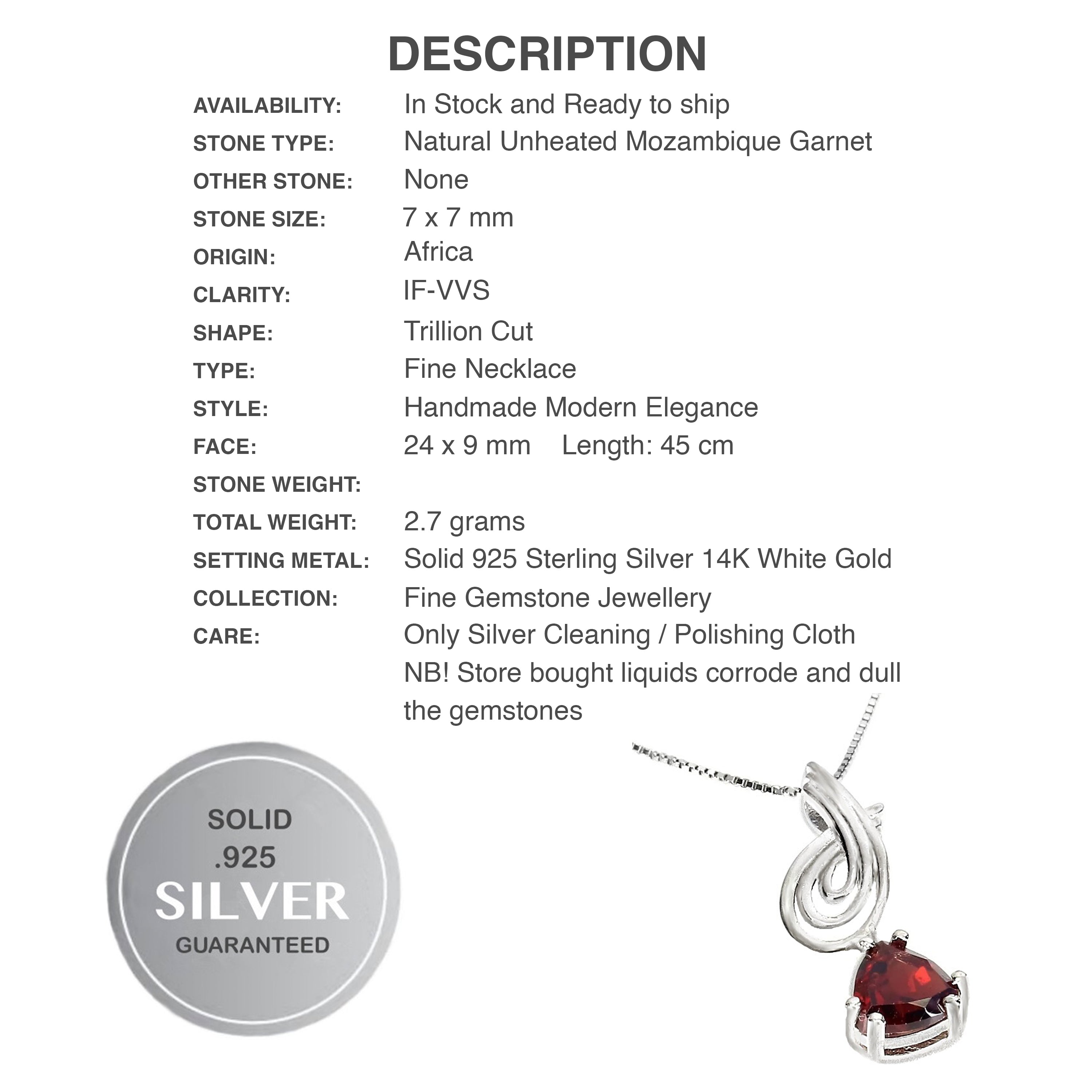 Natural Unheated Mozambique Garnet Solid .925 Sterling Silver 14k White Gold Necklace - BELLADONNA