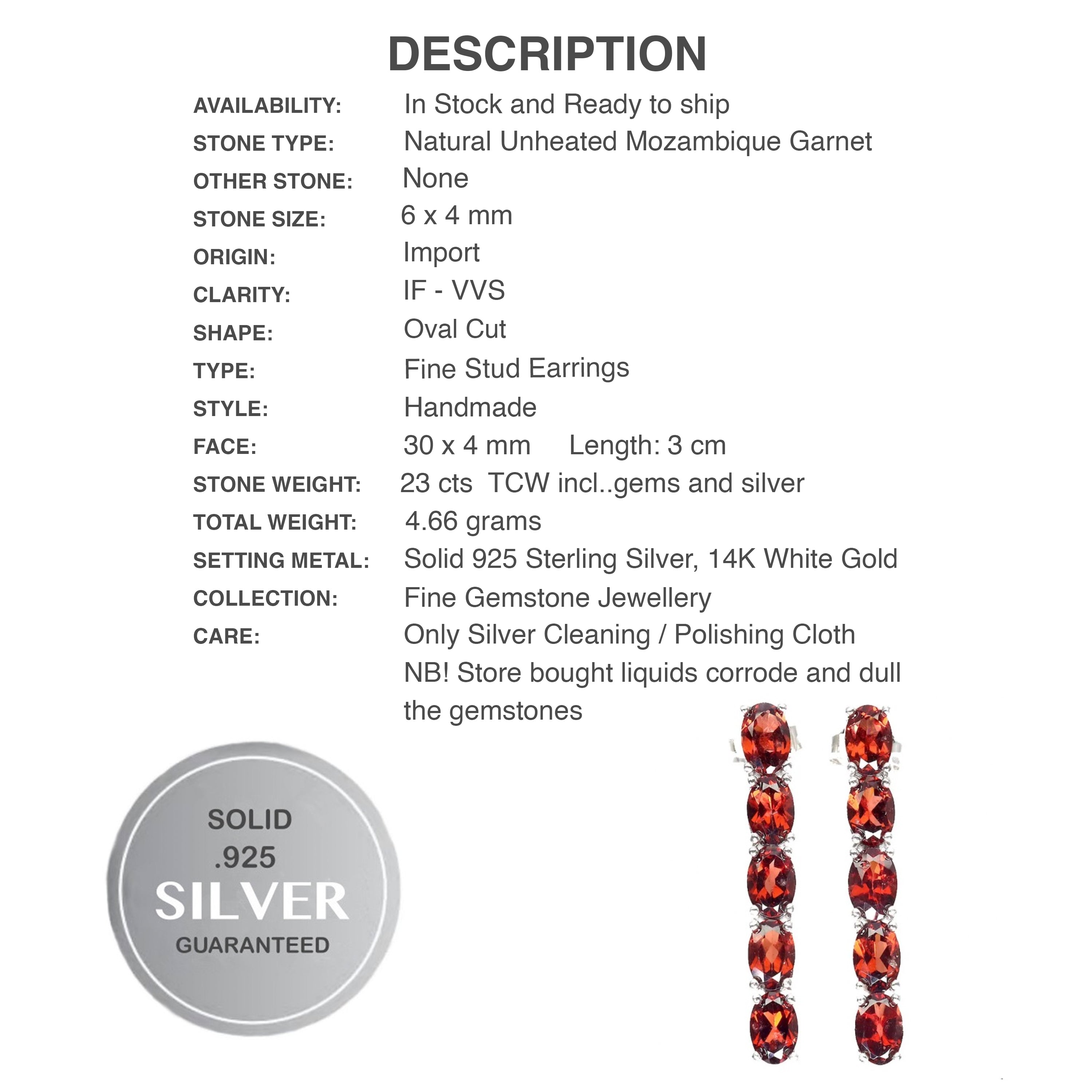 Natural Unheated Garnet Gemstone Solid .925 Sterling Silver 14K White Gold Stud Earrings - BELLADONNA