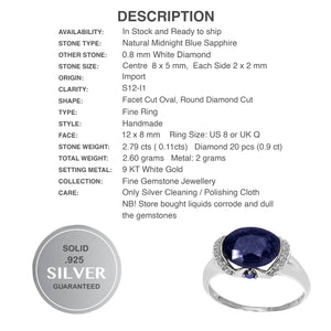 2.79 / 2 X 0.11 Cts Blue Sapphire, White Diamond, 9kt White Gold Ring Size US 8 - BELLADONNA
