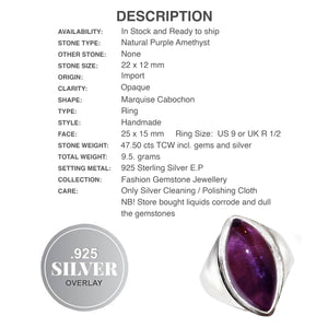Handmade Natural Purple Amethyst Marquise Gemstone .925 Silver Ring Size US 9 or R 1/2 - BELLADONNA