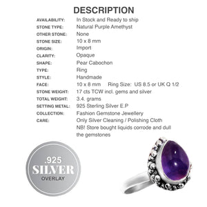 Dainty Handmade Purple Amethyst Pear Gemstone .925 Silver Ring Size US 8.5 / Q 1/2 - BELLADONNA