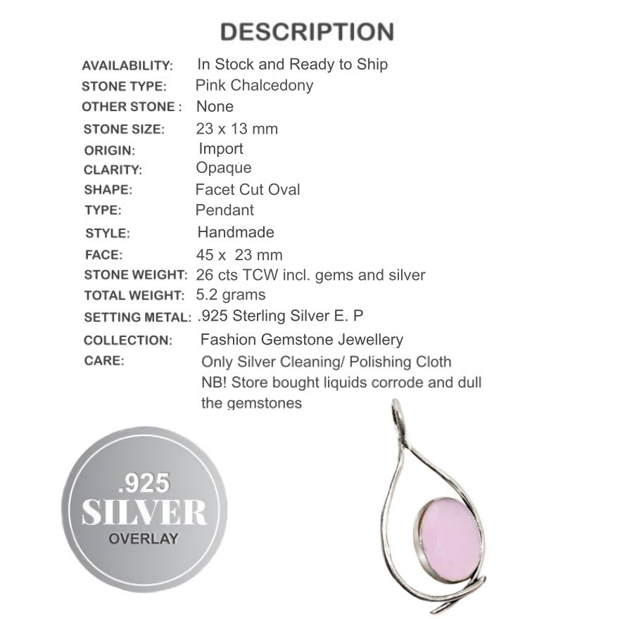Modern Pink Chalcedony Gemstone .925 Sterling Silver Pendant - BELLADONNA