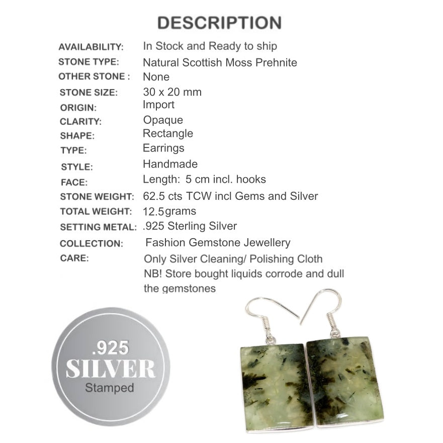 Natural Scottish Moss Prehnite Rectangle Gemstone .925 Sterling Silver Earrings - BELLADONNA