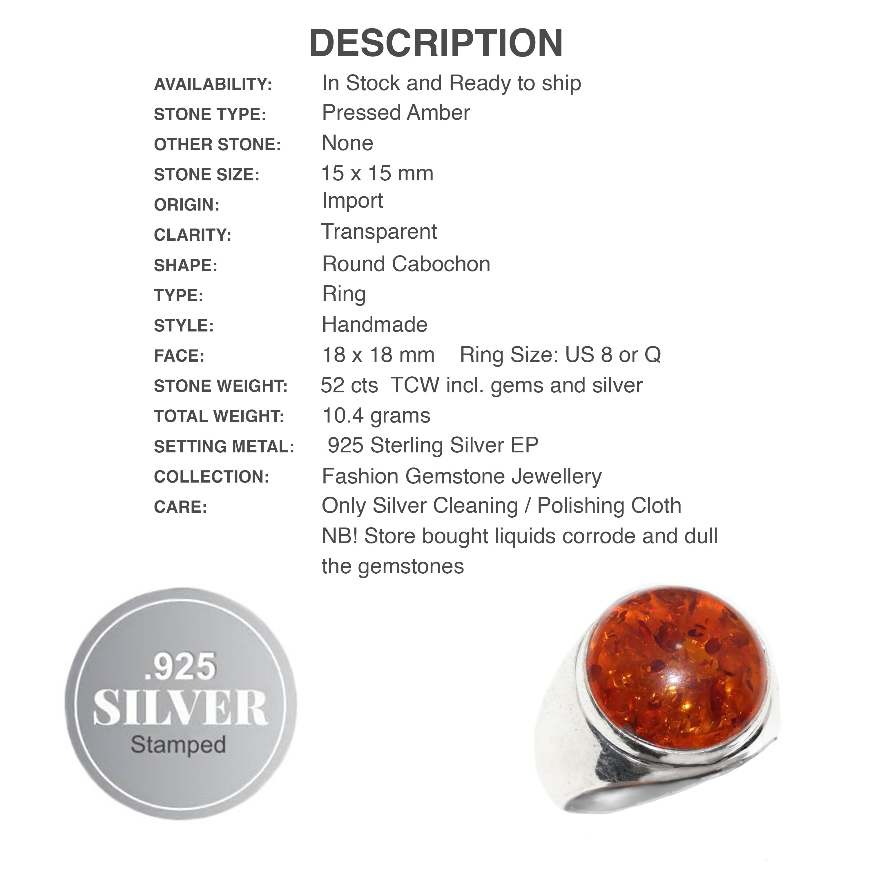 Pressed Amber Gemstone In .925 Silver Ring Size US 8 or UK Q - BELLADONNA