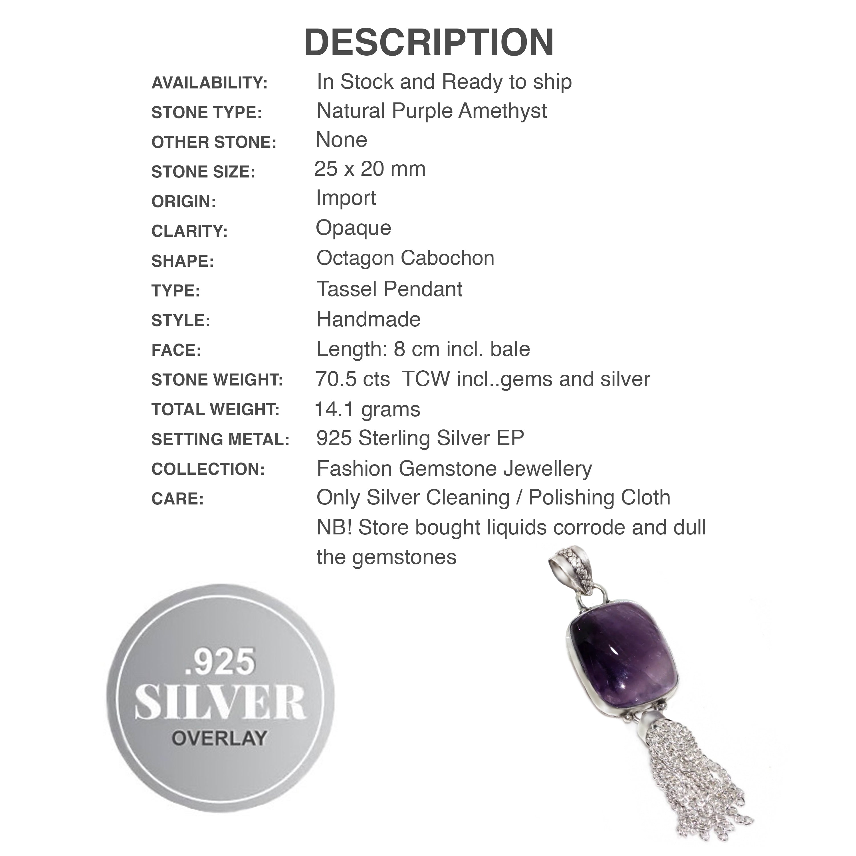 Handmade Natural Purple Amethyst Gemstone .925 Silver Tassel Pendant - BELLADONNA