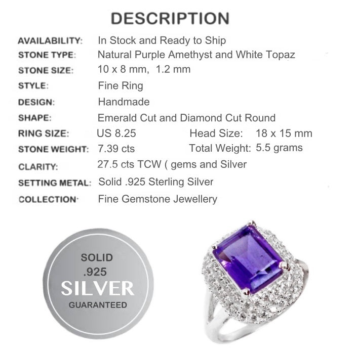 27.5 cts Natural Emerald Cut Purple Amethyst, White Topaz Set in Solid .925 Silver Ring Size US 8.25 - BELLADONNA