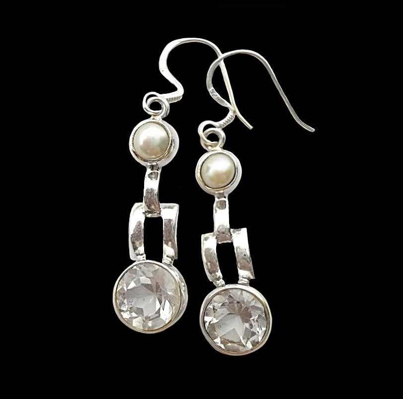Natural White Topaz and White Pearl Solid .925 Silver Earrings - BELLADONNA