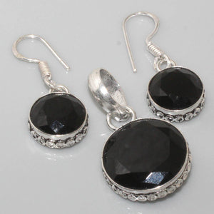 Natural Faceted Black Onyx .925 Silver Pendant & Earrings Set - BELLADONNA