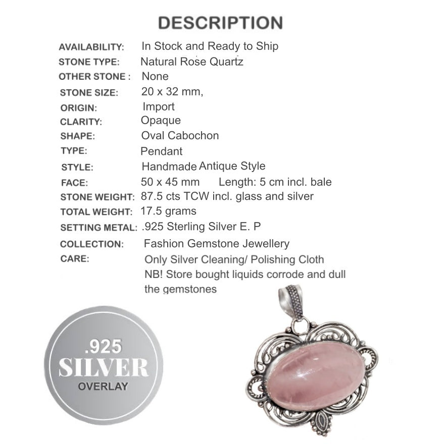Natural Rose Quartz Gemstone .925 Sterling Silver Pendant - BELLADONNA