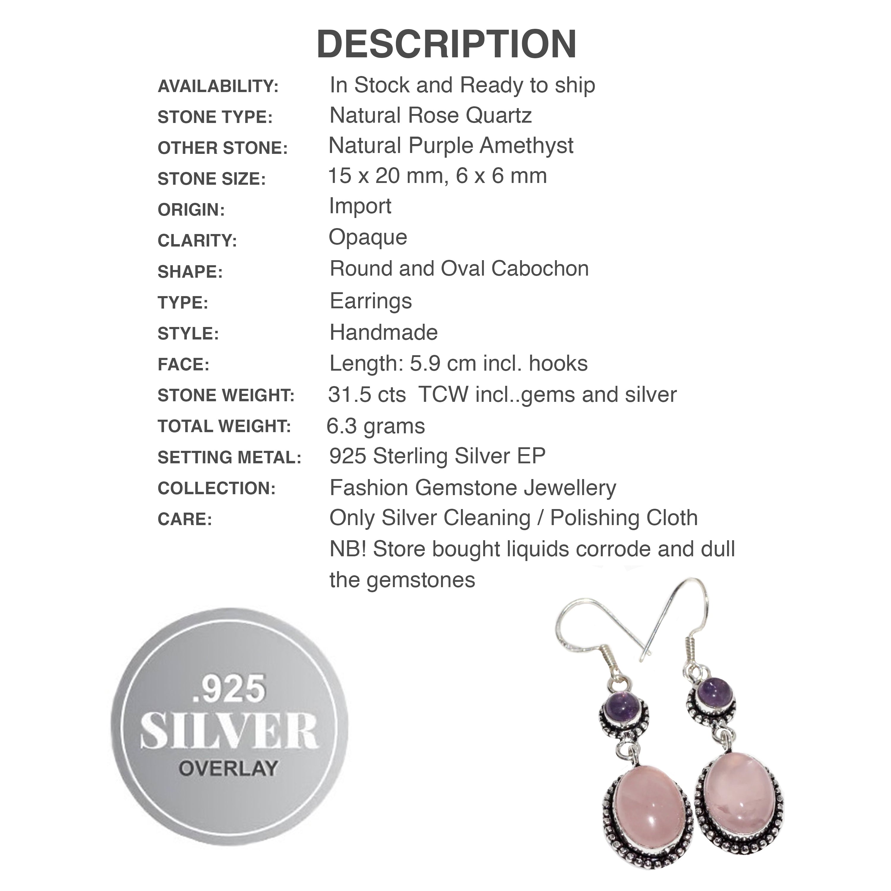 Enchanting Natural Pink Rose Quartz and Purple Amethyst Earrings .925 Silver - BELLADONNA