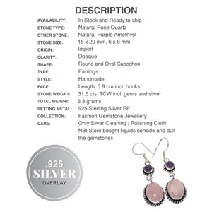 Enchanting Natural Pink Rose Quartz and Purple Amethyst Earrings .925 Silver - BELLADONNA