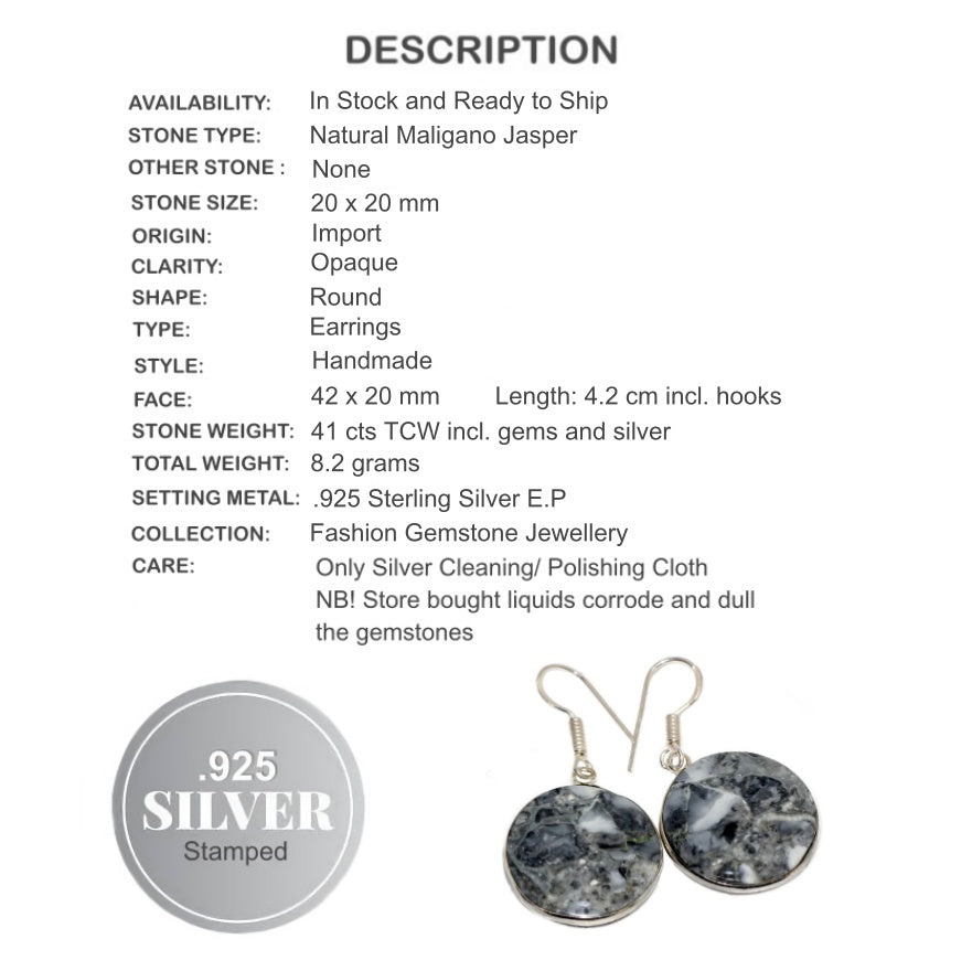 Natural Maligano Jasper Round Gemstone .925 Sterling Silver Earrings - BELLADONNA
