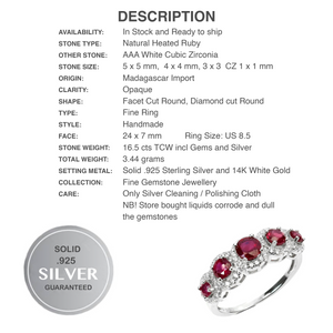 Natural Ruby and White Cubic Zirconia Gemstone Solid .925 Sterling Silver Ring Size US 8.5 - BELLADONNA