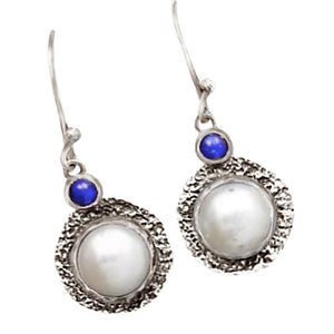 Israeli- Natural Freshwater White Pearl , Lapis Lazuli Solid .925 Sterling Silver Earrings - BELLADONNA