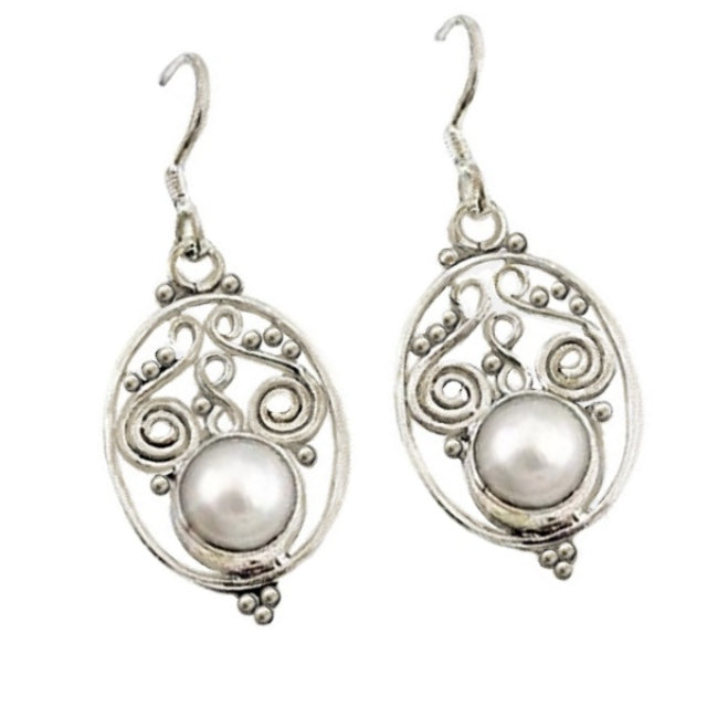 Indonesian Bali- Natural Freshwater White Pearl , Solid .925 Sterling Silver Earrings - BELLADONNA