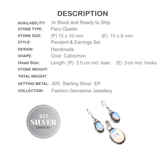 Fiery Opalite .925 Silver Pendant And Earrings Set - BELLADONNA