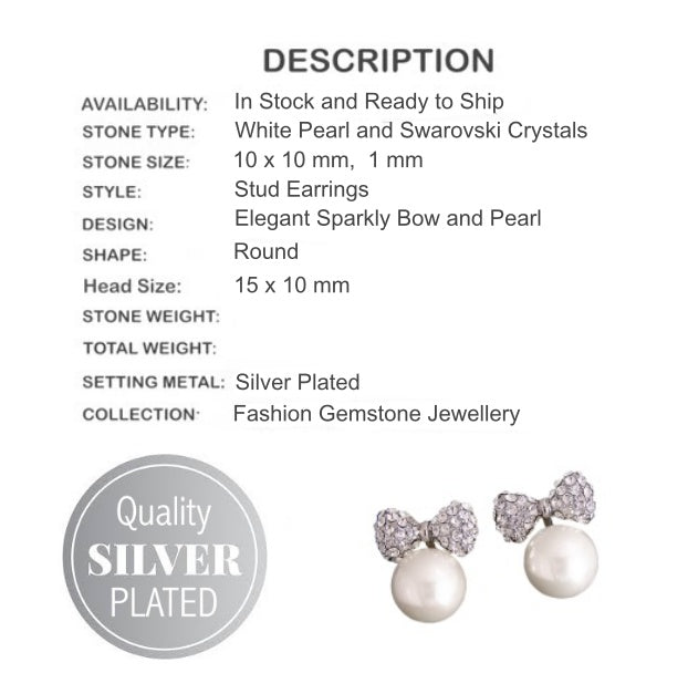 White Pearl and Crystal Bow Silver Plated Stud Earrings - BELLADONNA