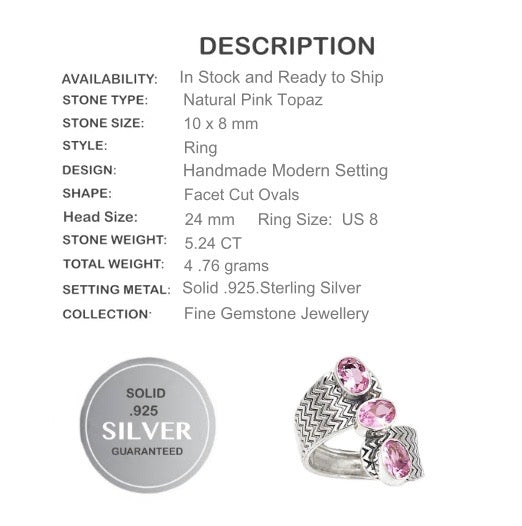 5.24 cts Pink Topaz Gemstone Solid.925 Sterling Silver Ring Size US 8 - BELLADONNA