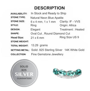 Natural Neon Blue Apatite White Cubic Zirconia Solid .925 Silver Fine Ring Size US 9 - BELLADONNA