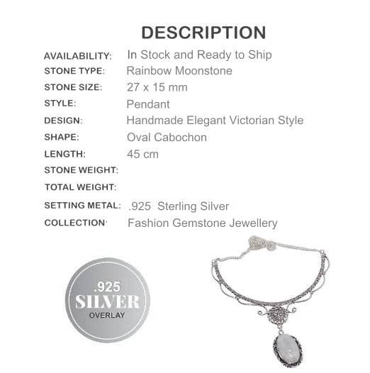 Victorian Style Natural Rainbow Moonstone Gemstone .925 Silver Necklace - BELLADONNA