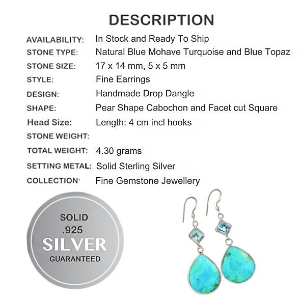 Natural Blue Mohave Turquoise, Blue Topaz Gemstone Solid .925 Sterling Silver Earrings - BELLADONNA