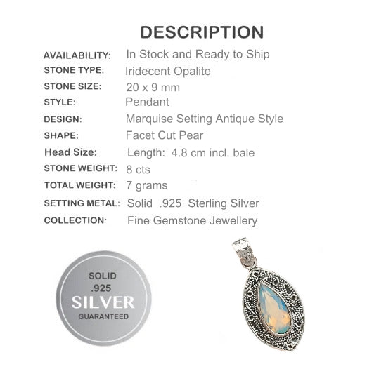 8ct Fire Opalite Gemstone Solid.925 Sterling Silver Pendant - BELLADONNA