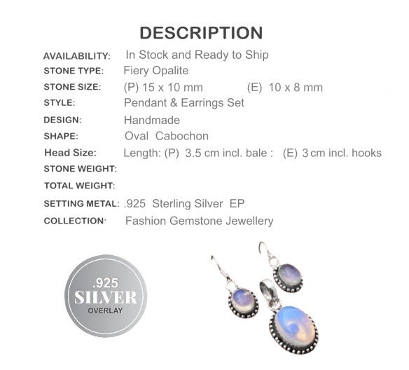 Fiery Opalite Oval .925 Silver Pendant And Earrings Set - BELLADONNA