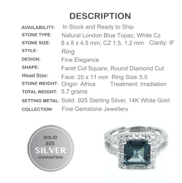 Natural London Blue Topaz Cz Gemstone Solid .925 Sterling Silver Size 5.5 - BELLADONNA