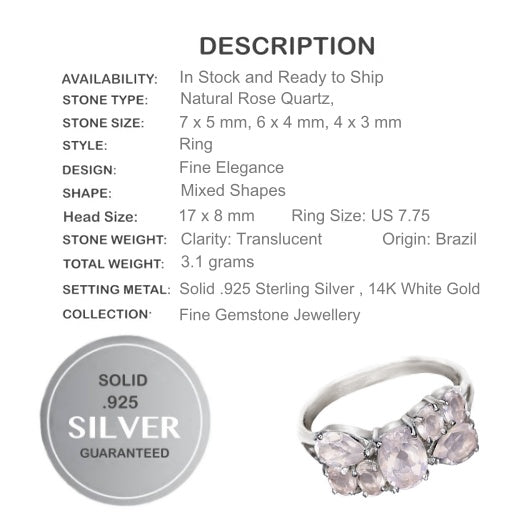 Earth Mined Genuine Stones Rose Quartz Solid.925 Sterling Silver Ring Size 7.75 - BELLADONNA