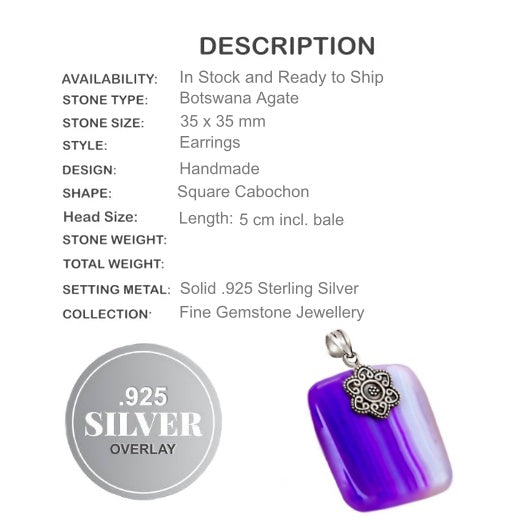 Natural Purple Botswana Lace Agate Gemstone Solid .925 Silver Pendant - BELLADONNA