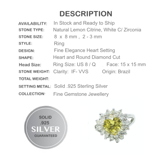 Natural Lemon Citrine, White Cubic Zirconia set  Solid .925 Silver Ring Size US 8 / Q - BELLADONNA