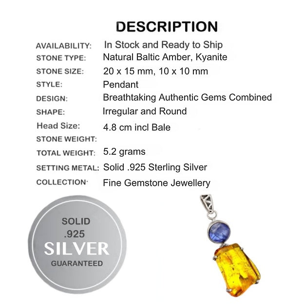 Stunning Piece Genuine Baltic Amber, Kyanite In Solid .925 Silver Pendant - BELLADONNA