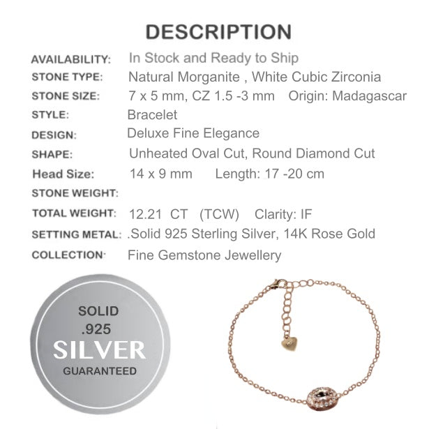 Deluxe Rose Gold Natural Morganite White Cubic Zirconia Solid .925 Sterling Silver Bracelet - BELLADONNA