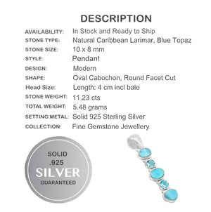 11.23 cts Natural Caribbean Larimar, Blue Topaz Solid .925 Sterling Silver Pendant - BELLADONNA