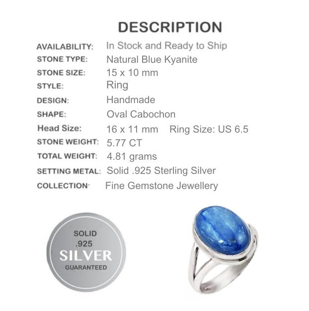 5.77 cts Natural Blue Kyanite Gemstone Solid .925 Sterling Silver Ring Size US 6.5 - BELLADONNA