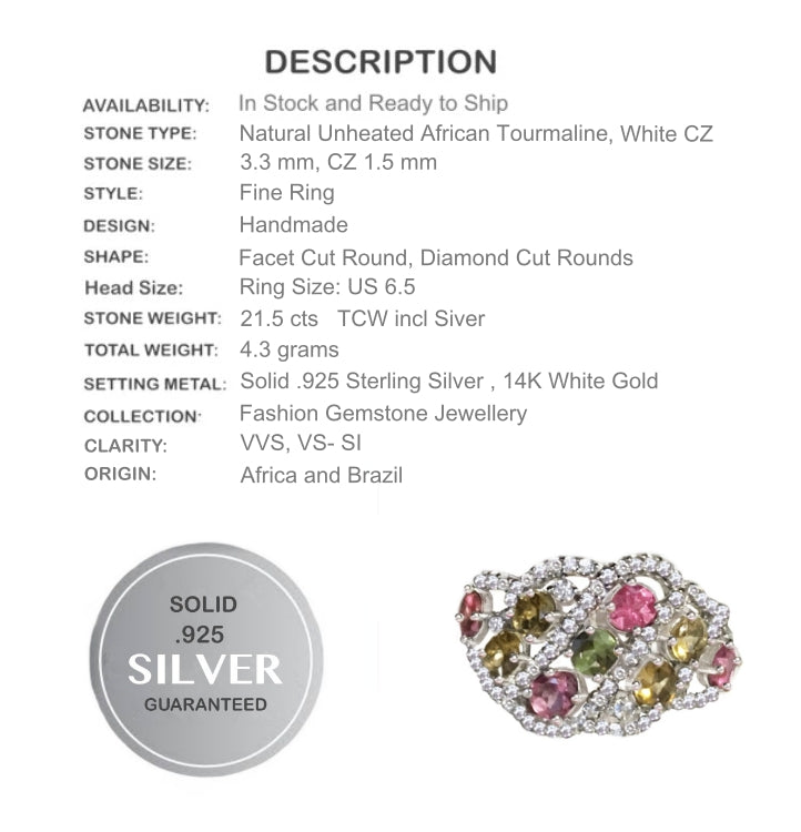 Natural Multi Tourmaline, White Cubic Zirconia Gemstone Solid .925 Sterling Silver Ring Size 6.5 - BELLADONNA