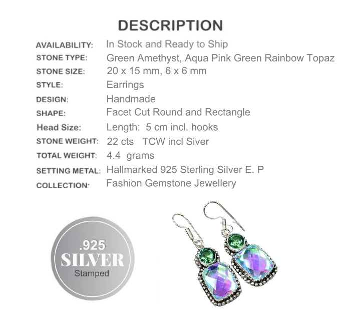 Rainbow Aqua Pink Topaz Faceted Green Amethyst Gemstone .925 Silver Earrings - BELLADONNA