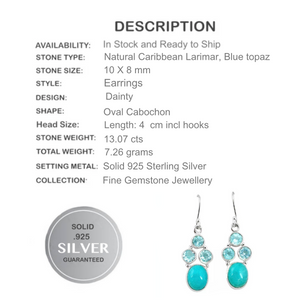 Natural Caribbean Larimar, Blue Topaz Solid .925 Sterling Silver Earrings - BELLADONNA
