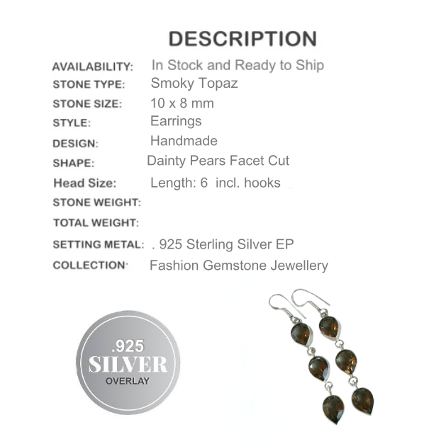 Faceted Smoky Topaz Pears Gemstone .925 Silver Earrings - BELLADONNA