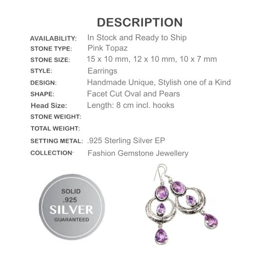 Trendy Pink Topaz Gemstone .925 Silver Long Earrings - BELLADONNA