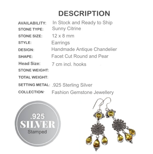 Spectacular Round and Pears Faceted Citrine Hallmarked .925 Sterling Silver Earrings - BELLADONNA