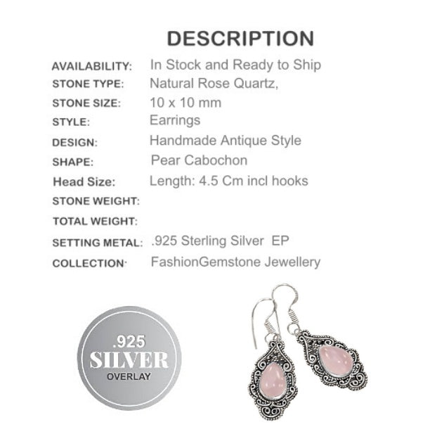 Handmade Rose Quartz Pear Gemstone .925 Silver Earrings - BELLADONNA