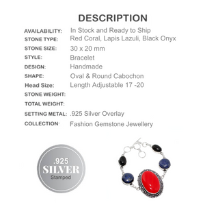 Vibrant Red Coral, Lapis Lazuli, Black Onyx Gemstone .925 Silver Bracelet - BELLADONNA