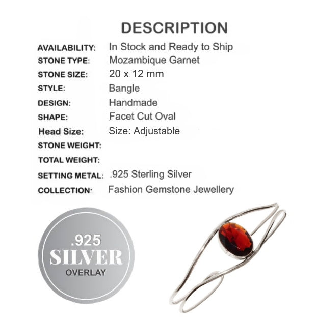 Handmade Faceted Garnet Oval Gemstone .925 Silver Adjustable Bangle - BELLADONNA