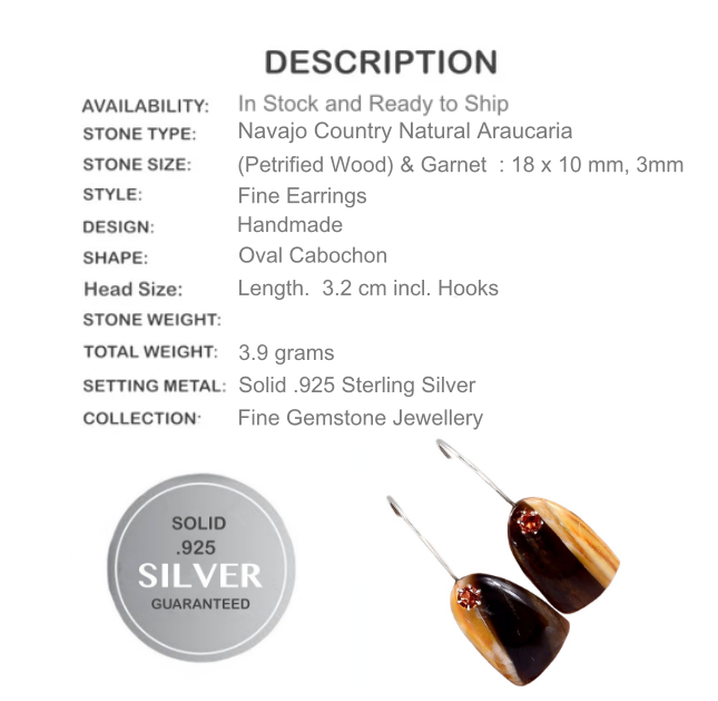 Navajo Country Natural Petrified Wood, Garnet Solid .925 Sterling Silver Earrings - BELLADONNA