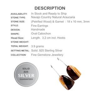 Navajo Country Natural Petrified Wood, Garnet Solid .925 Sterling Silver Earrings - BELLADONNA