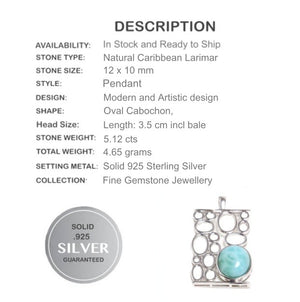 Natural Caribbean Larimar Solid .925 Sterling Silver Pendant - BELLADONNA