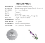 Natural Aquamarine Rough, Amethyst Gemstone Solid .925 Sterling Silver Pendant - BELLADONNA