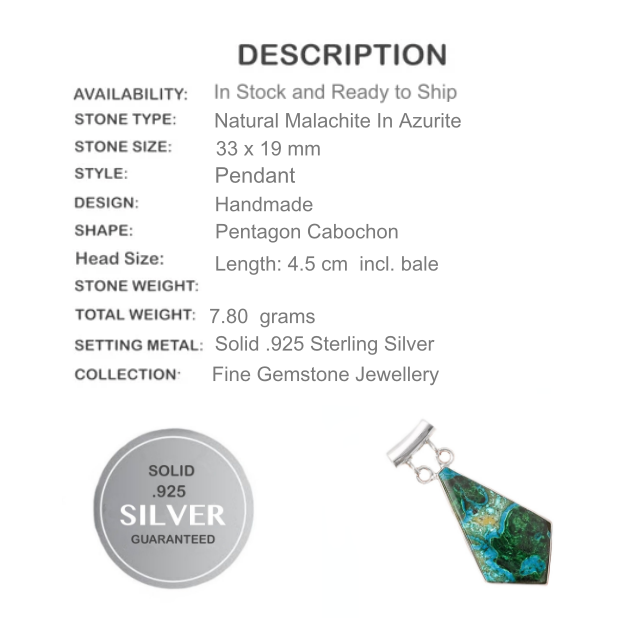 Natural Malachite in Azurite Gemstone Solid .925 Silver Fine Pendant - BELLADONNA