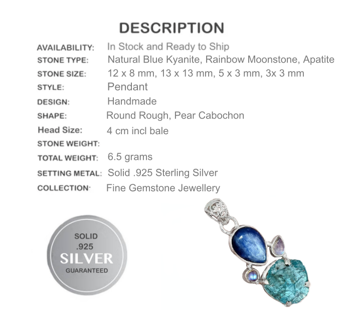 Natural Blue Kyanite, Moonstone, Neon Blue Apatite Solid .925 Silver Pendant - BELLADONNA